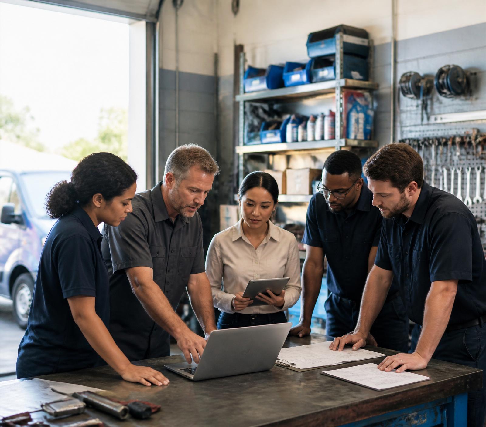 An owner-led service business team — owner, office coordinator, and technicians — reviewing work orders on a shared laptop at a shop workbench, with a service van visible through the open bay door