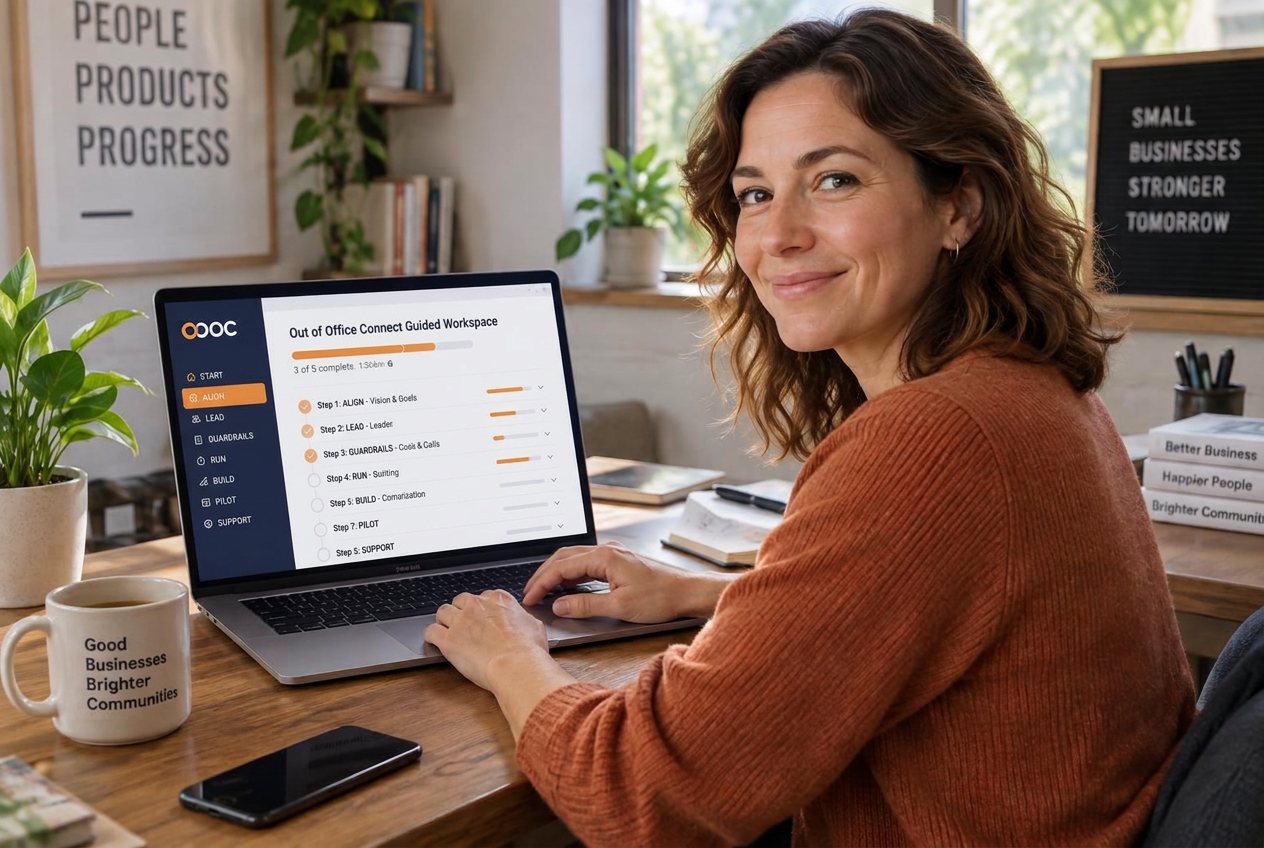 A small-business owner working through a step of the OOC Guided Workspace on her laptop